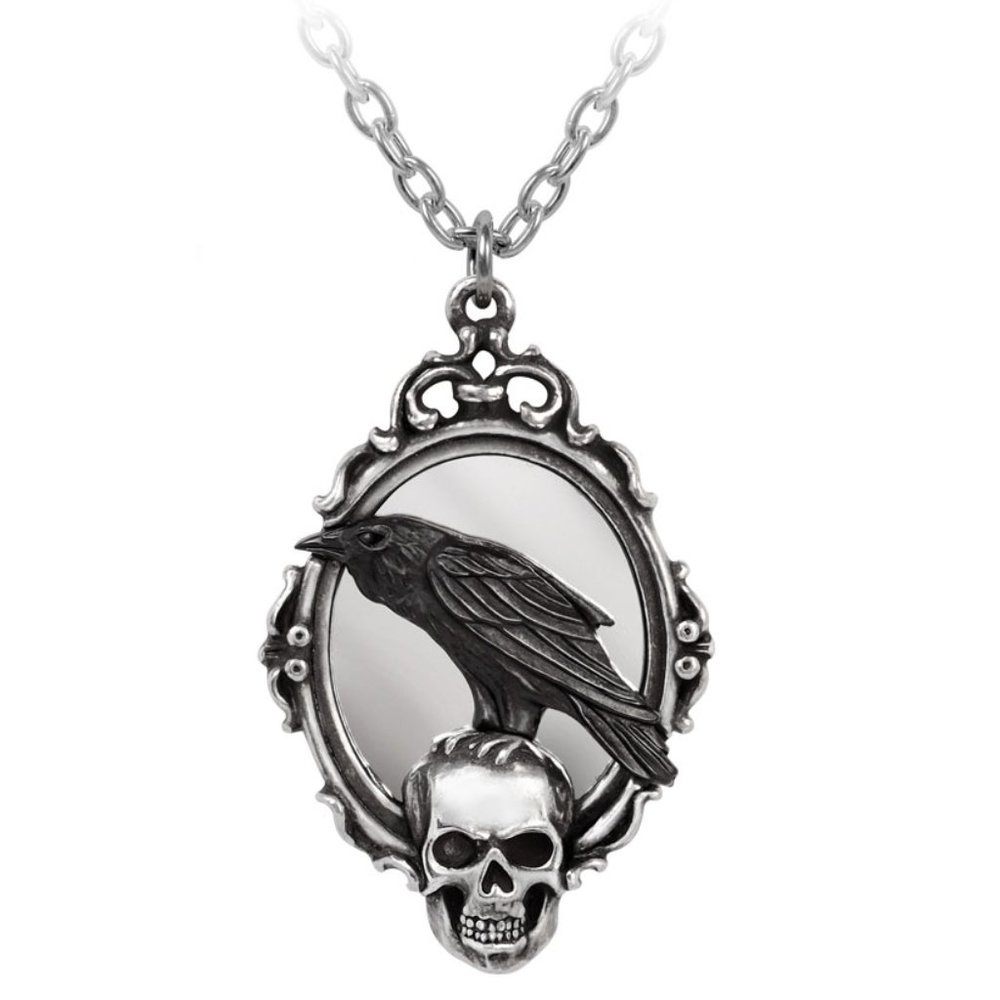 Alchemy Gothic Mirror Raven Skull Poe Pendant NEW